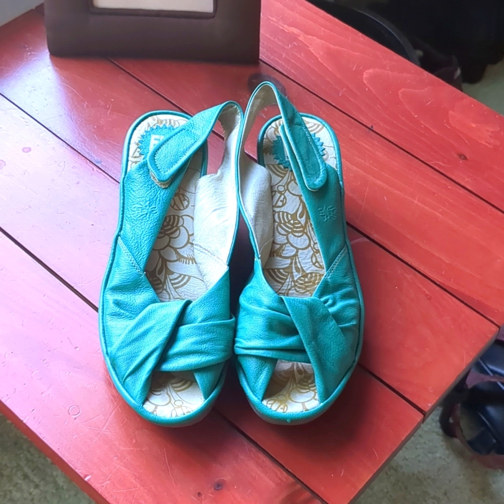 Fly London Teal Green/Blue Leather Slingback Size 9 - 9 1/2